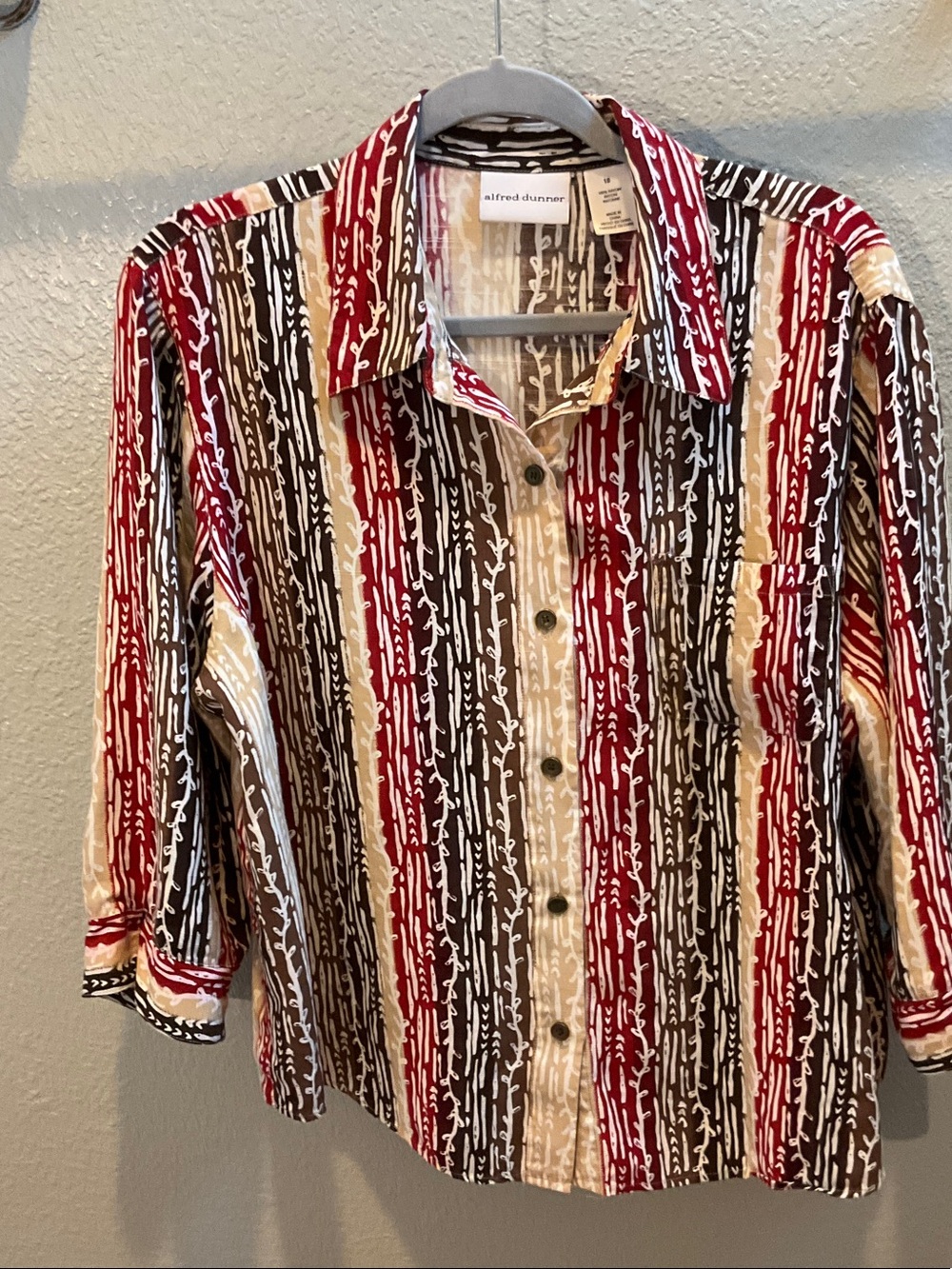 Alfred Dunner Red Brown Cream Vertical Stripe Button-Front Shirt